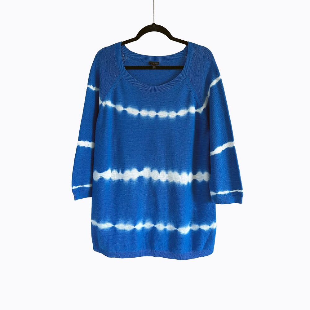 Tie-Dye Knit Cotton Sweater 1X Blue Lightweight 3/4 Sleeve Coastal Beach Casual
